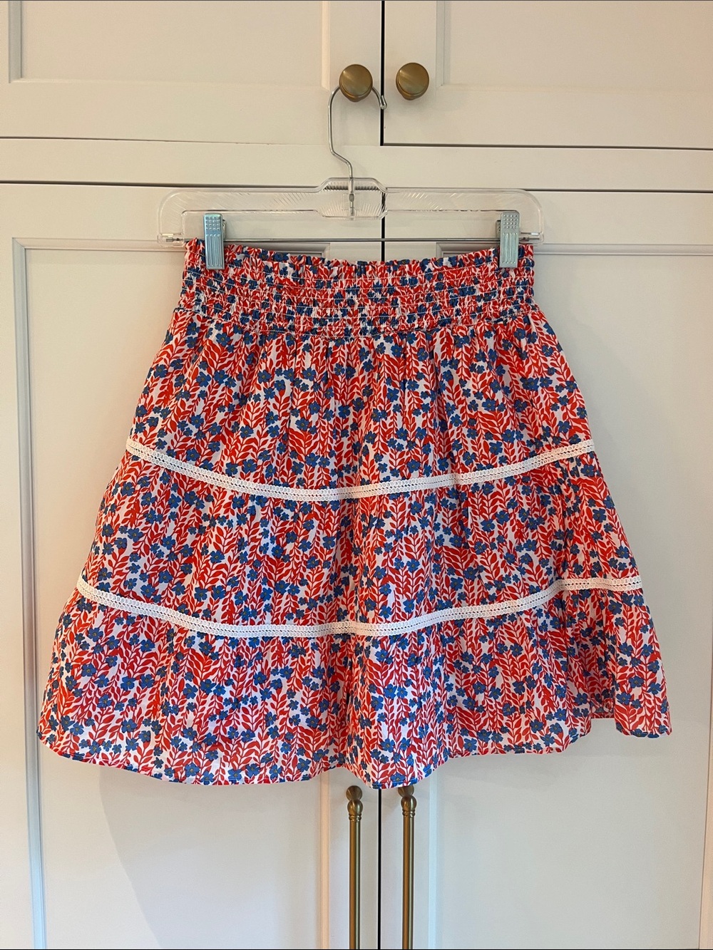J. Crew Red and Blue Floral Smocked Circle Skirt